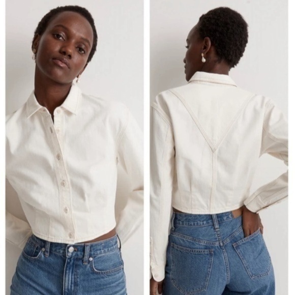 Madewell Tops - Madewell Denim Pleated Cropped Button Up Shirt Ivory Small